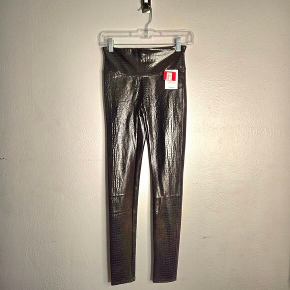 Spanx Faux Leather Croc Leggings Brown Black Size S Glossy Patent Animal Edgy - Picture 4 of 12